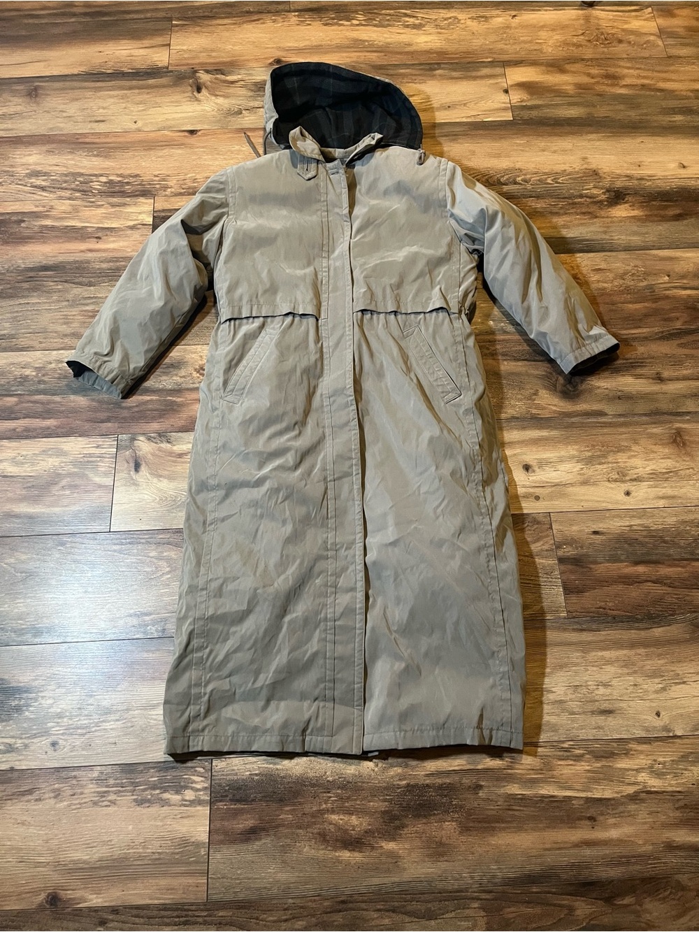 Vintage Eddie Bauer Goose Down Women's S Tan Blanket Lined Hooded Trench Coat